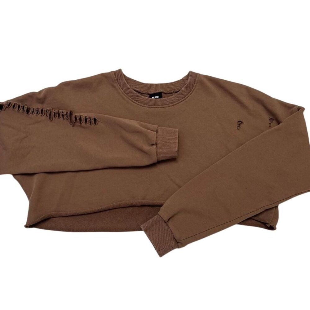Nude Brand Brown Distressed Crop Top Long Sleeve Sweater,‎ Nude Ripped Crop 470
